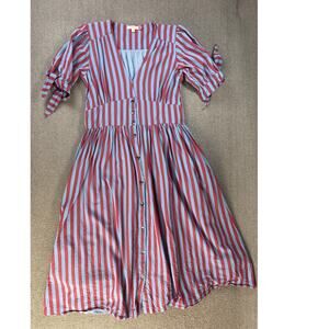 Pink Chicken Dress Womens Large Button Front Midi Striped Trad Wife Cottage